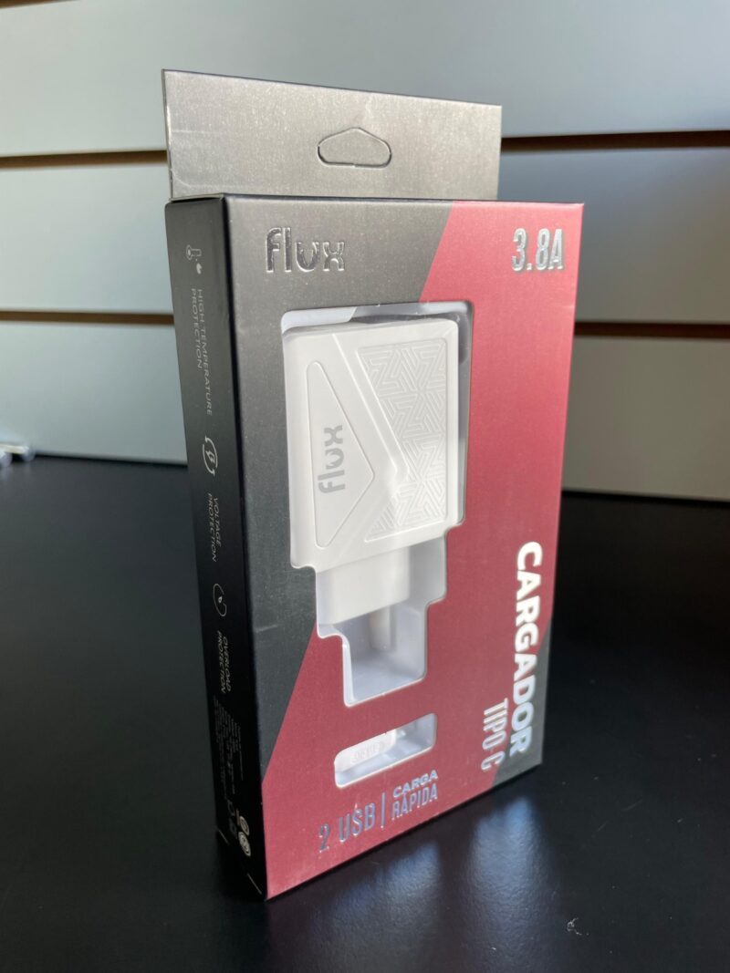 FC38- CARGADOR FLUX 3.8amp 2USB + CABLE TIPO C