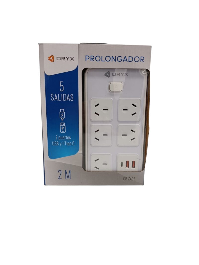 ZAPA-ZA02.jpeg ORZA02 - ZAPATILLA ALARGUE 5 SALIDAS + 2 SALIDAS USB + 1 SALIDA TIPO C ORYX